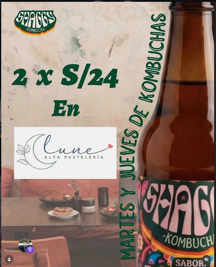 Promoción de Shaggy Kombucha en Lune Alta Pastelería, Arequipa