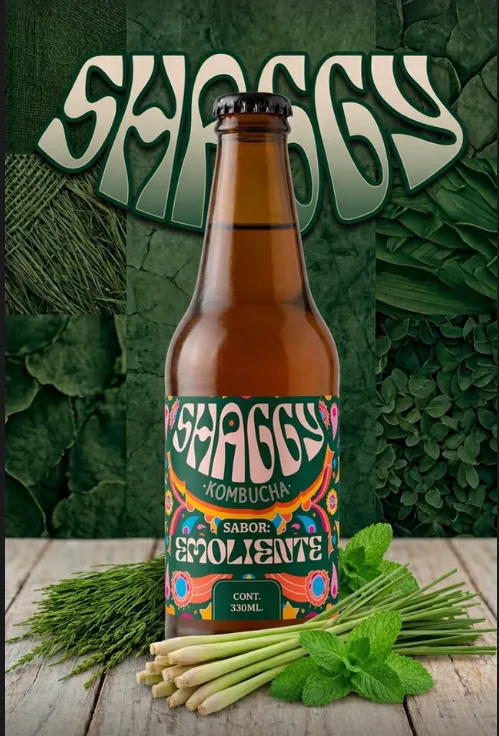 Botella de Shaggy Kombucha sabor Emoliente con hierba luisa y menta