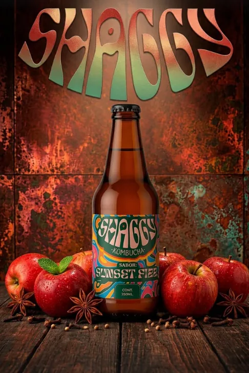 Botella de Shaggy Kombucha sabor Sunset Fizz rodeada de manzanas y anís estrella