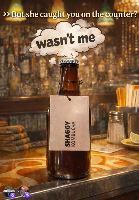 Botella de Shaggy Kombucha en la barra de un bar