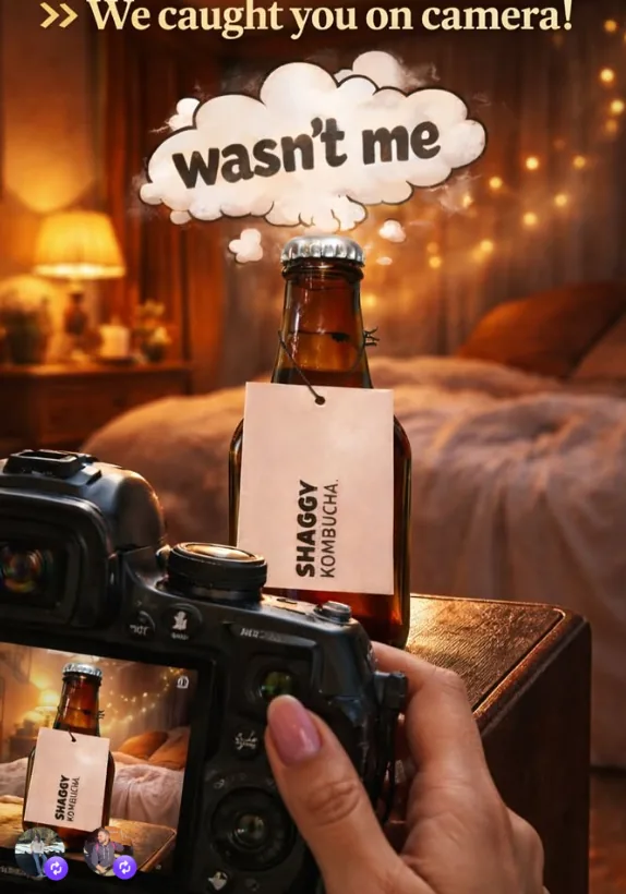 Campaña Wasn't me: botella de Shaggy Kombucha frente a una cámara