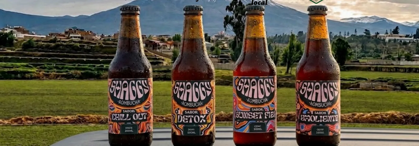 Las cuatro botellas de Shaggy Kombucha en el campo arequipeño con el Misti de fondo